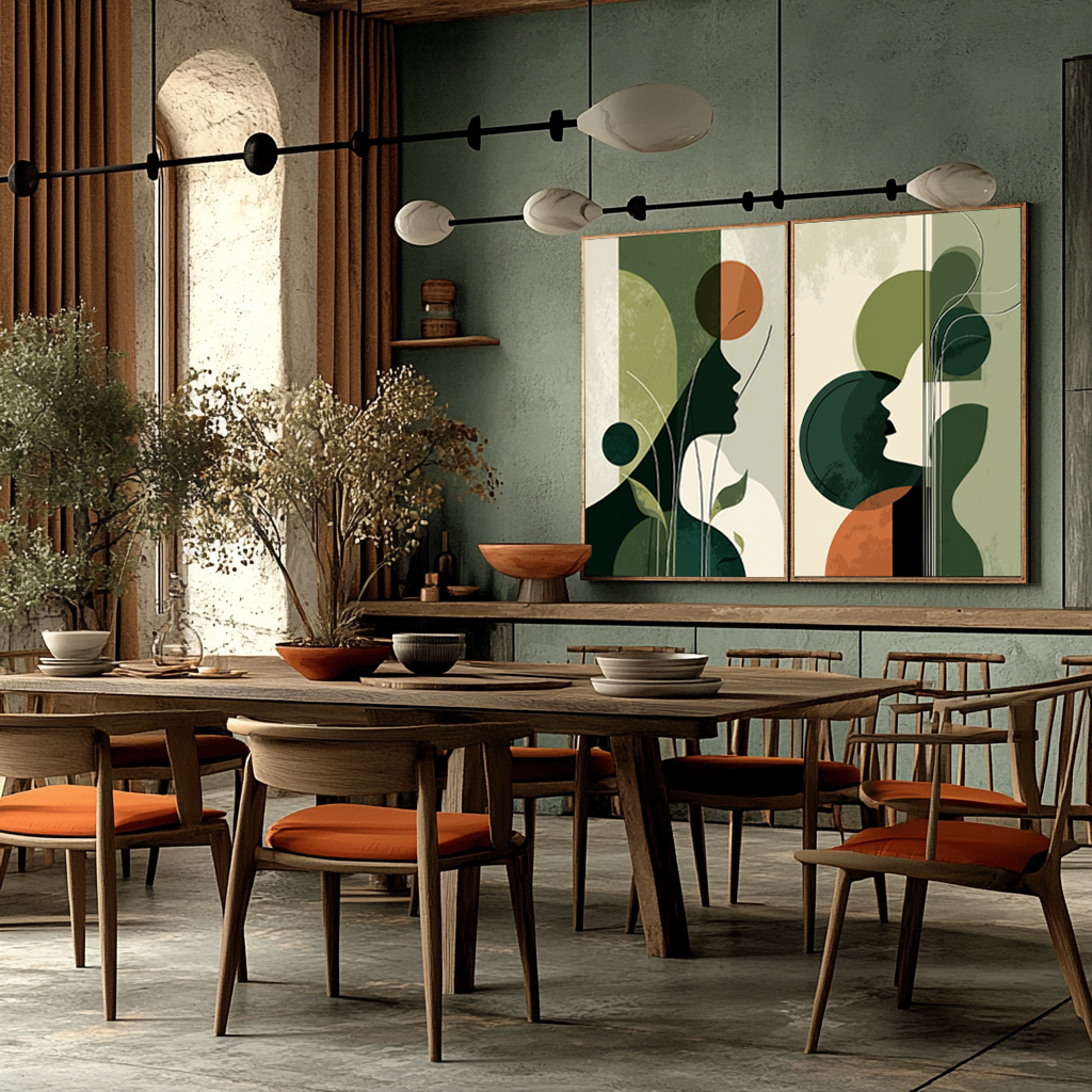 quadros decorativos para padaria em silhuetas modernas com paleta quente