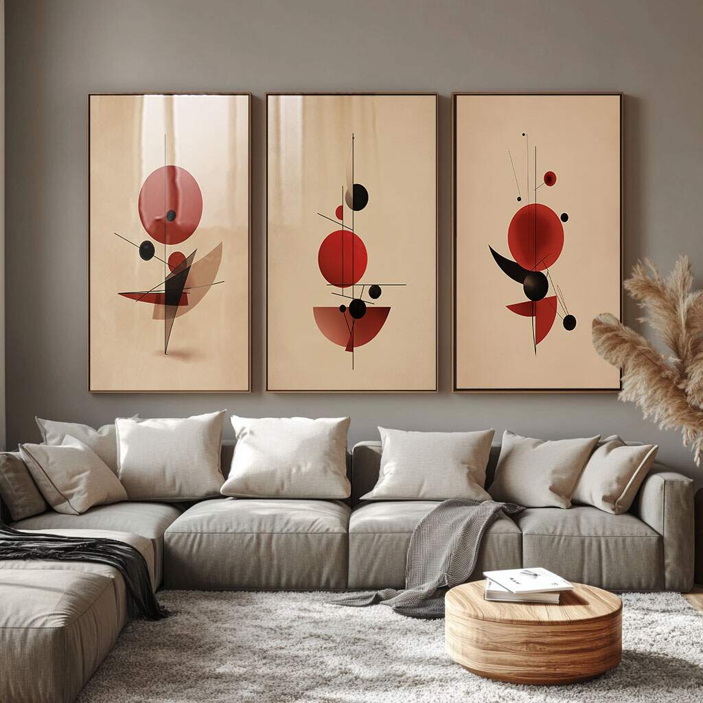 Inspire-se com arte em quadro geométrico vibrante com círculos vermelhos