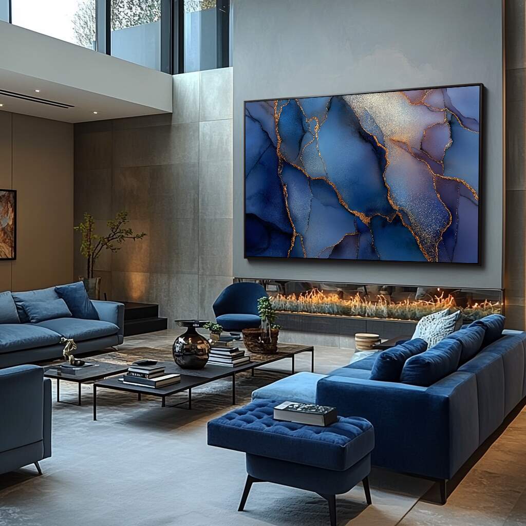 Fórmulas para decoração Réveillon com quadro abstrato azul e dourado representando sofisticação e modernidade