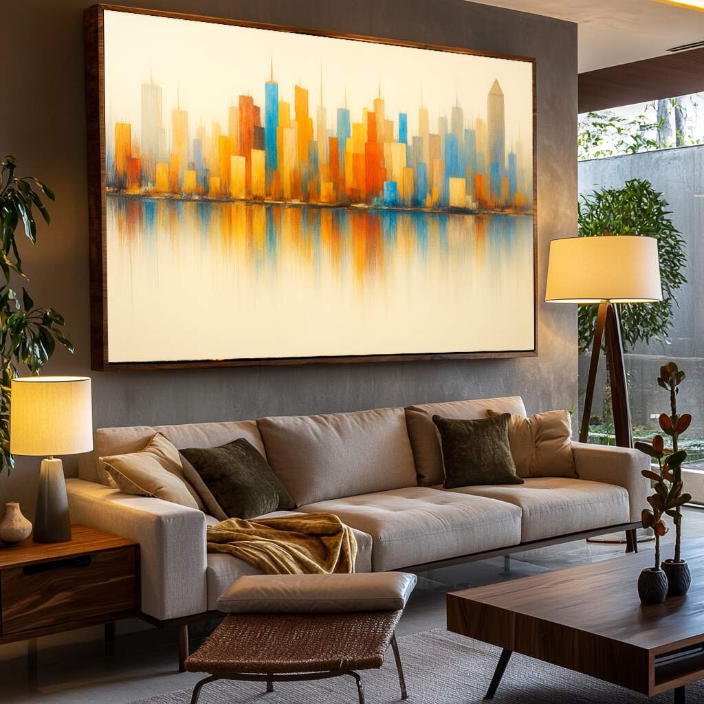 quadro decorativo abstrato dourado azul impressão canvas durável showroom