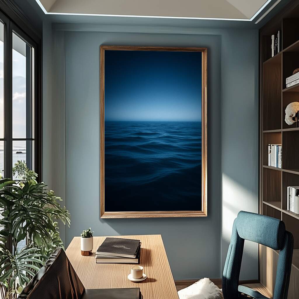 Quadro decorativo mar sereno com oceano azul e horizonte em tons noturnos