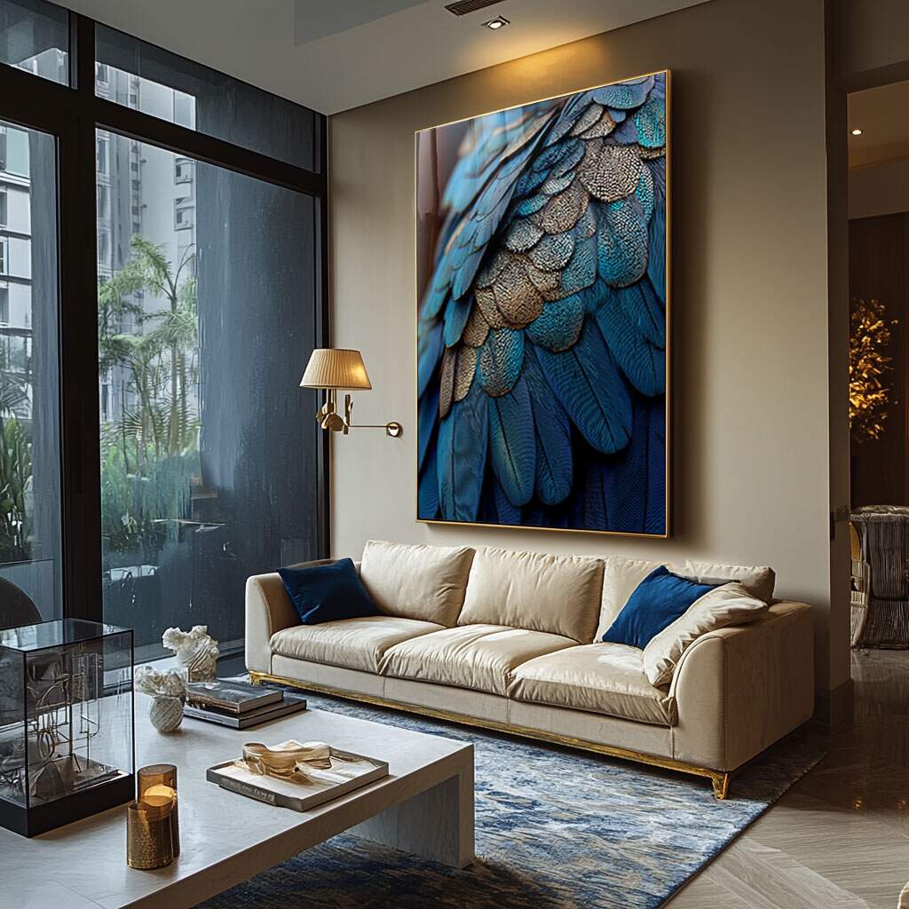 Quadro de pena azul elegante com textura realista impressa em HP Latex