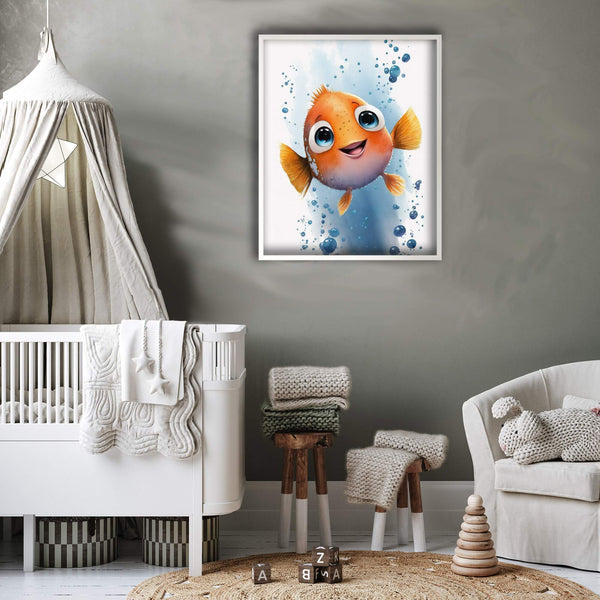 Quadro Personalizado Bebê com peixe laranja em oceano azul sereno com bolhas