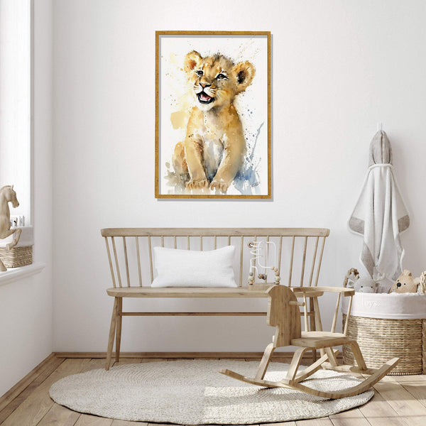 Quadro para quarto de bebê Leãozinho Valente em aquarela delicada
