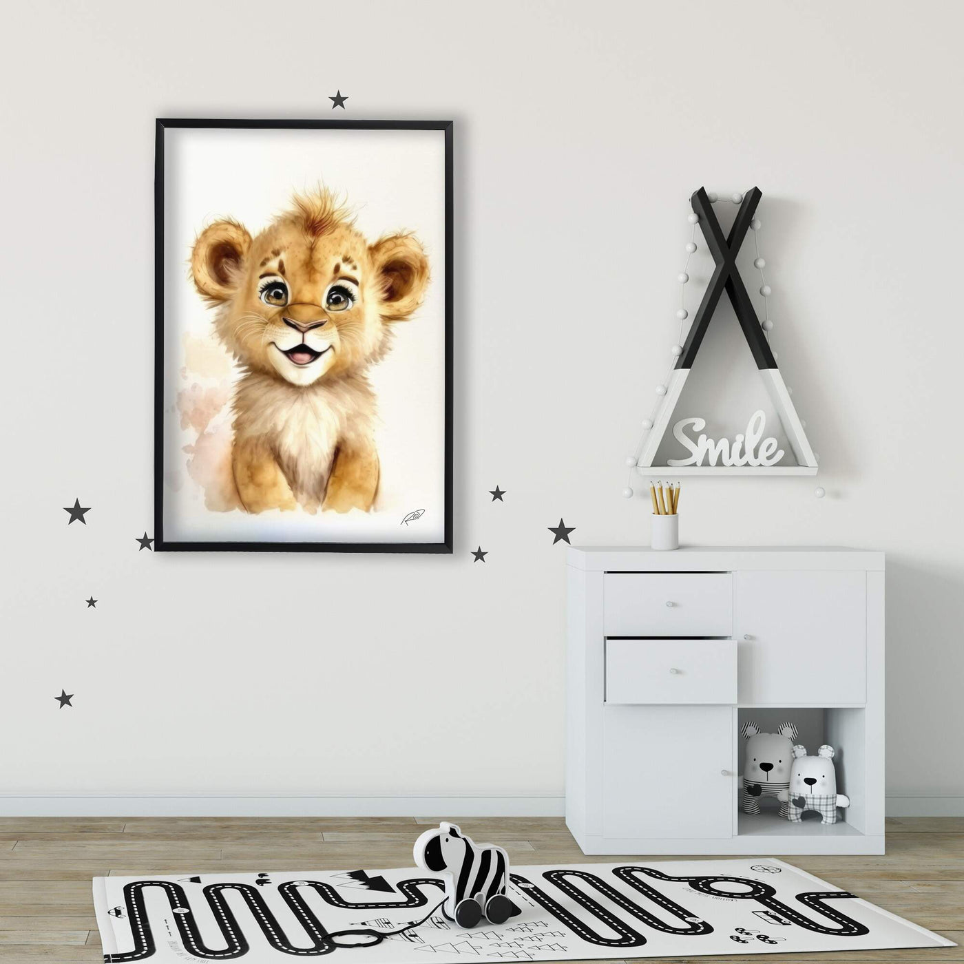 Quadro infantil menina filhote de leão aquarela sorridente para decoração