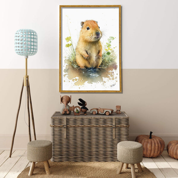 Quadro infantil menino Capivara Feliz em aquarela com plantas verdes e ambiente acolhedor