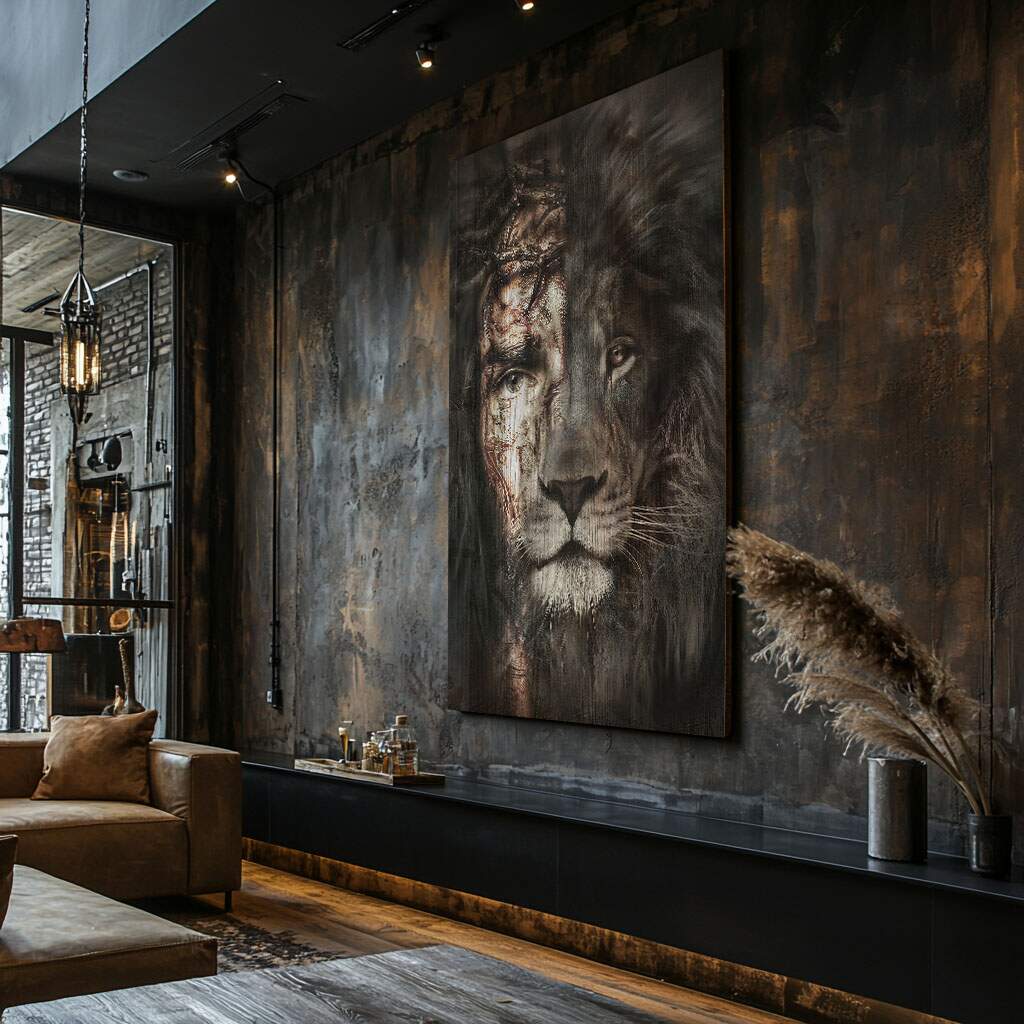 quadro decorativo leão judá em tons dourados e pretos para sala