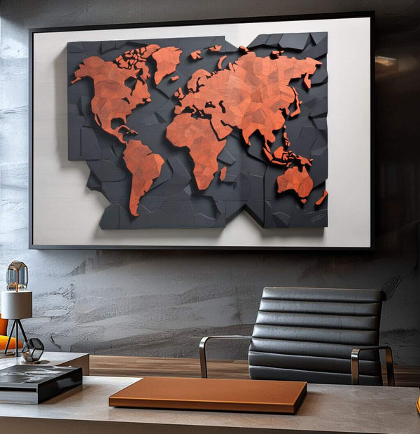 Quadro decorativo minimalista mapa mundo com relevo em tons laranja e cinza design geométrico sofisticado