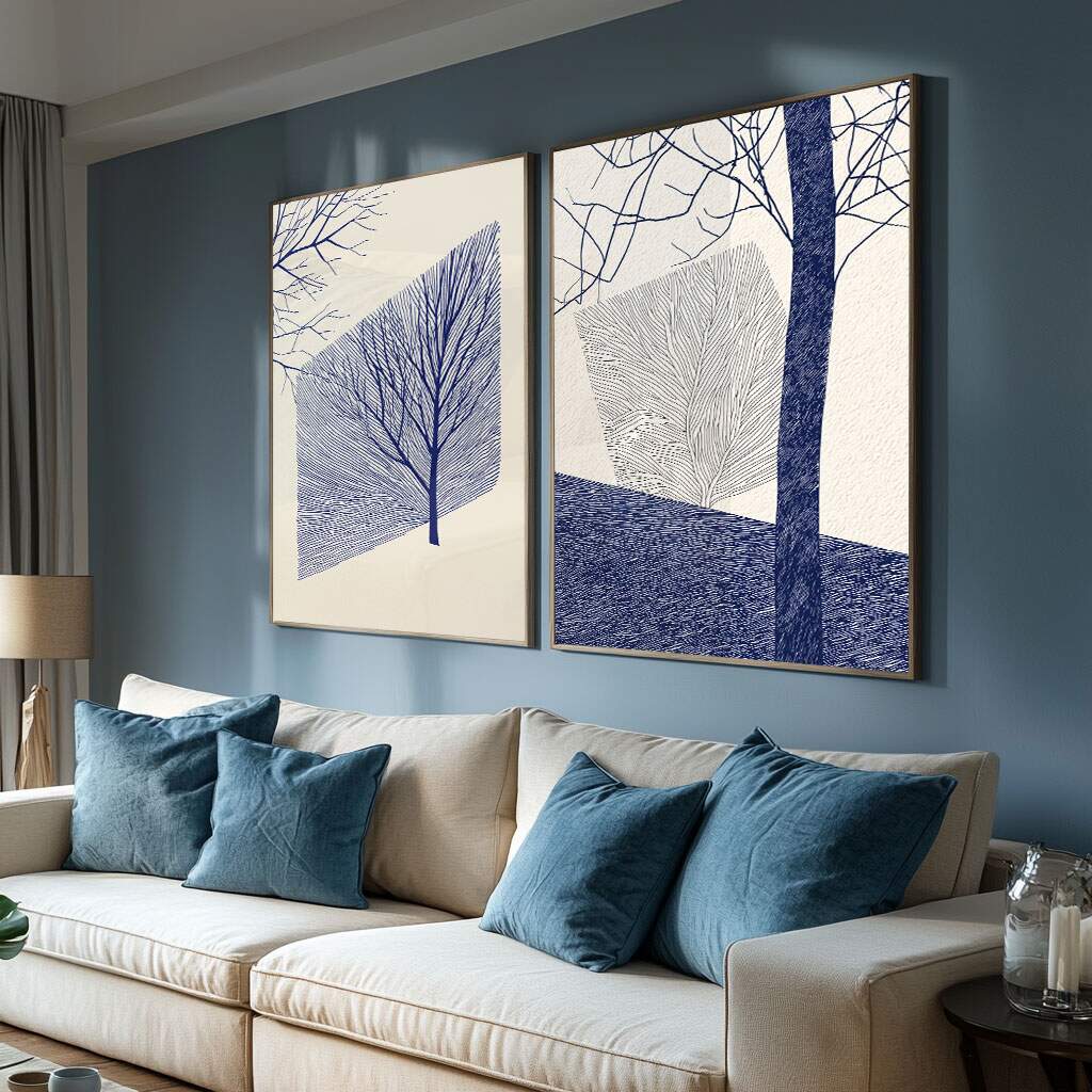 Sala de estar moderna com quadro decorativo abstração natural em tons azuis e brancos