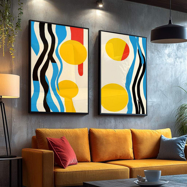 Quadro Formas Geométricas Composição Contemporânea em Amarelo e Azul