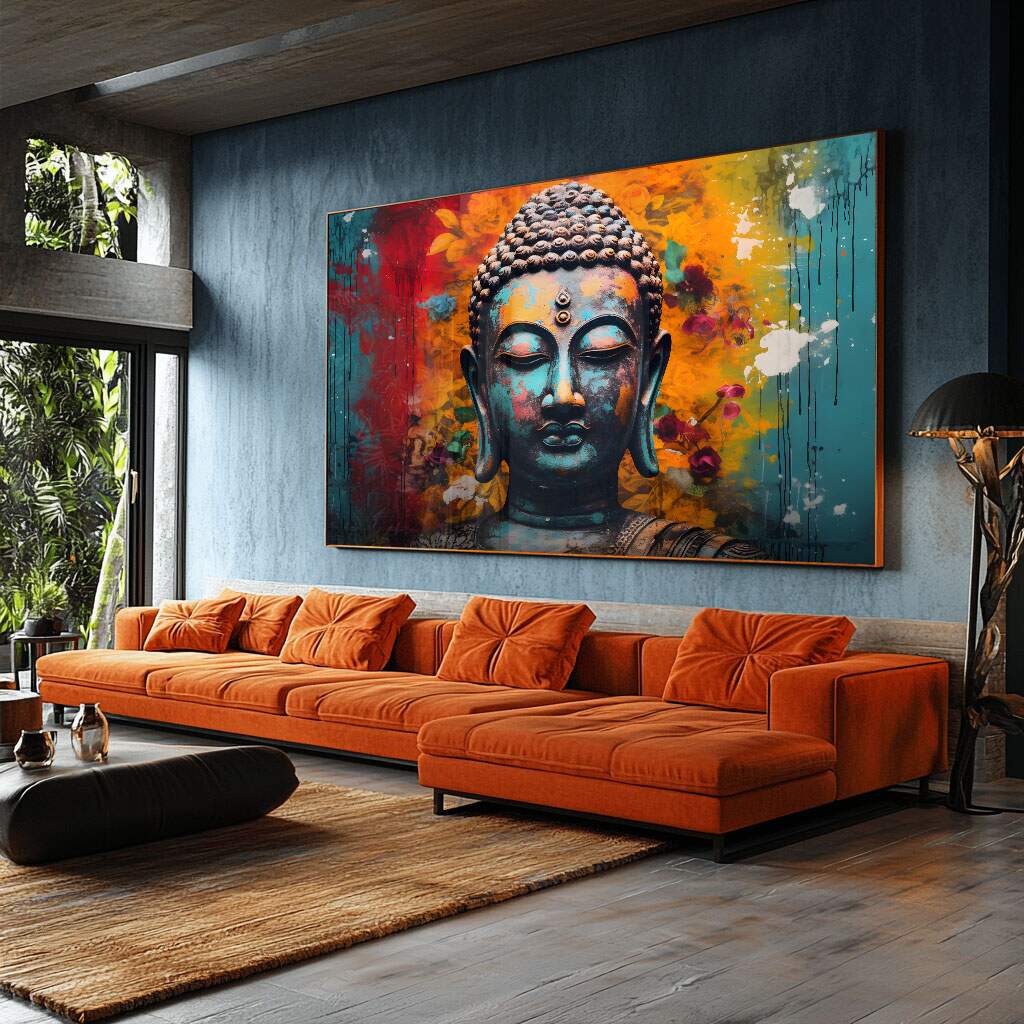 Quadro para sala com frase inspiradora sobre meditação com flores abstratas e cores contemporâneas