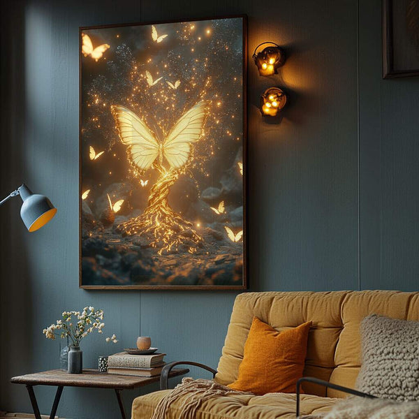 quadros decorativos de borboleta dourada com raízes luminosas em parede clara
