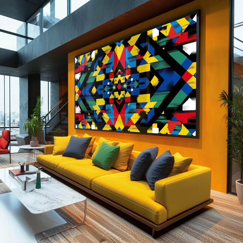Quadros de mosaico geométrico colorido com formas em preto e amarelo vibrante