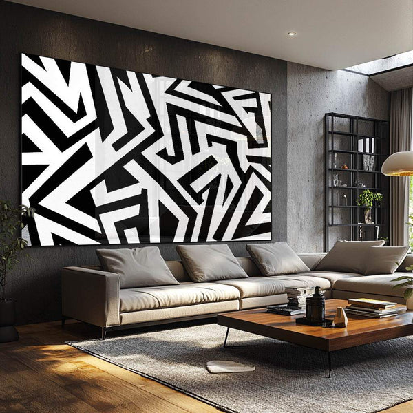 Quarto com parede preta decorado com quadro minimalista em formas pretas e brancas da Porao dos Quadros
