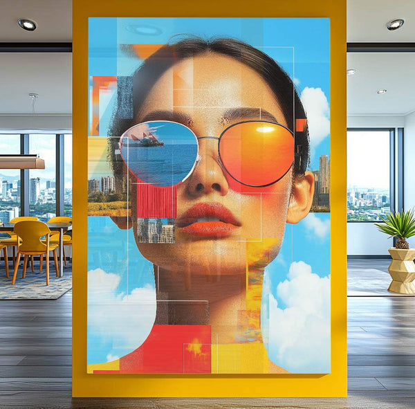 Decoração de sala pequena com quadro abstrato mulher sobre nuvens em tons pastel
