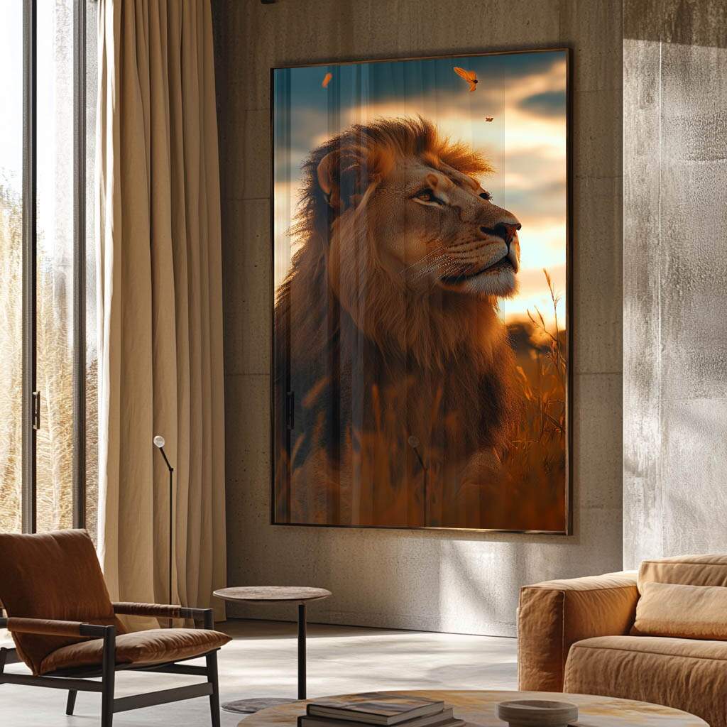Quadro Tema Safari com olhar profundo do leão em canvas premium durável