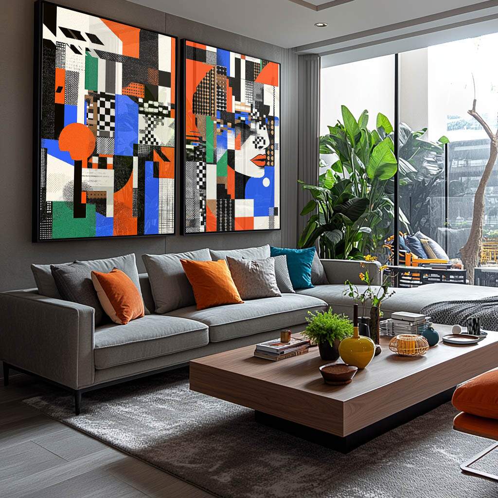 Quadro abstrato sala com geometria colorida em laranja, azul e preto