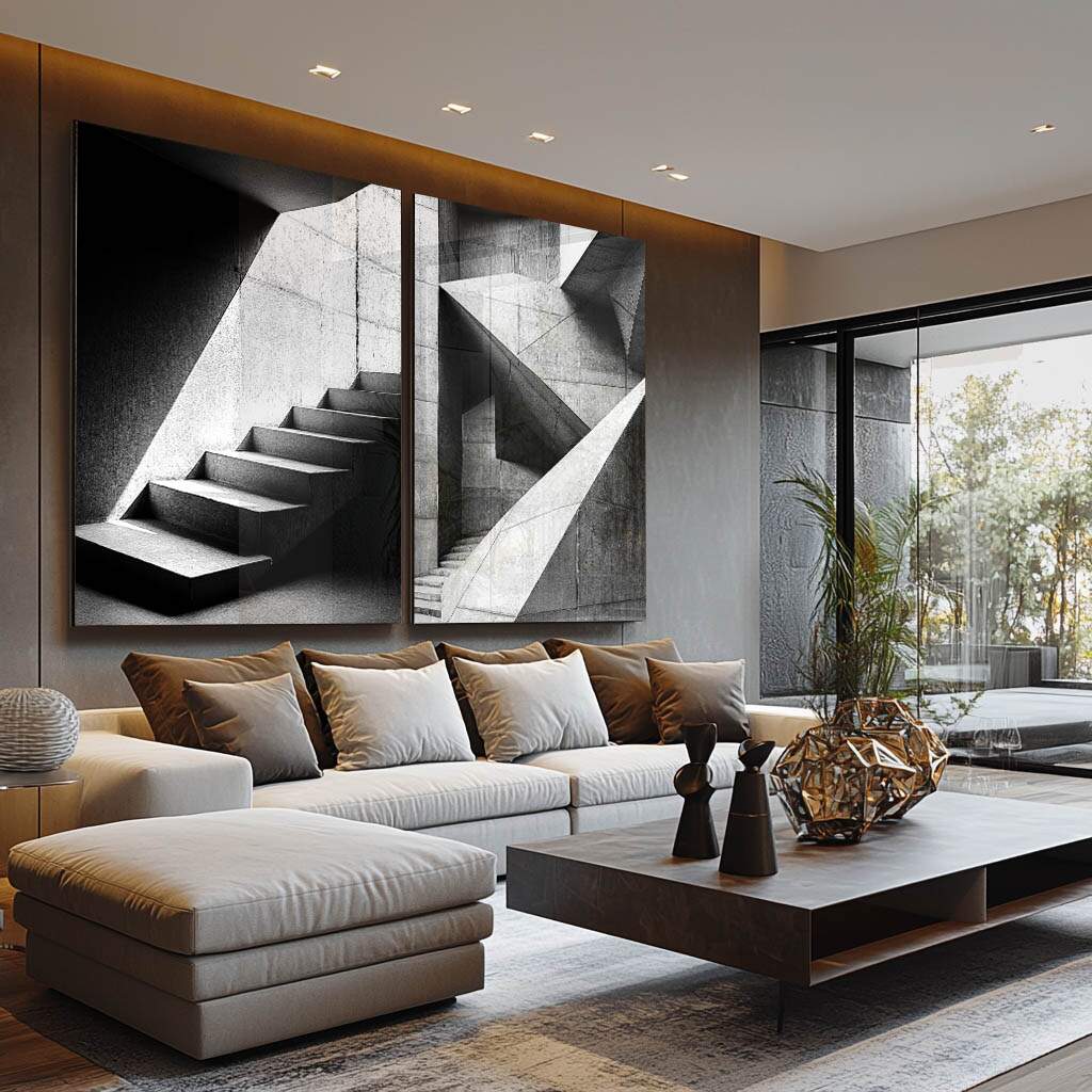 Ideias para quadros decorativos para escadas em estilo minimalista preto e branco