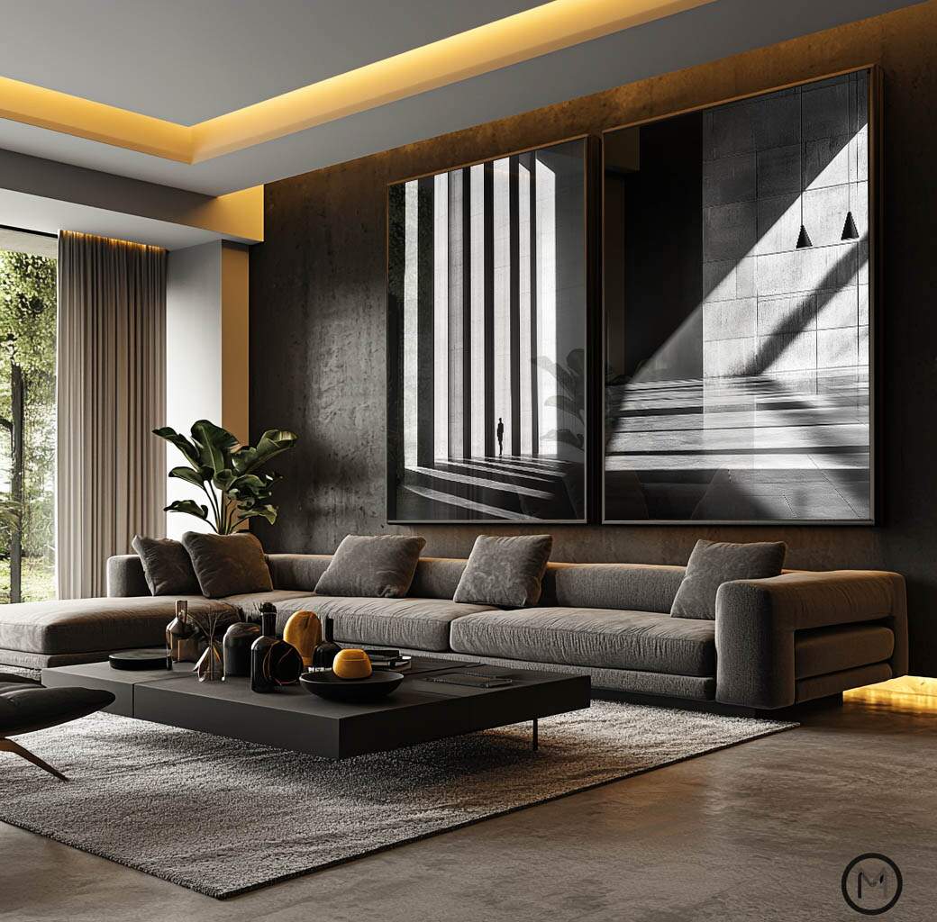 Quadro Retangular Vertical Estruturas Retangulares com Luz e Sombra em composição minimalista
