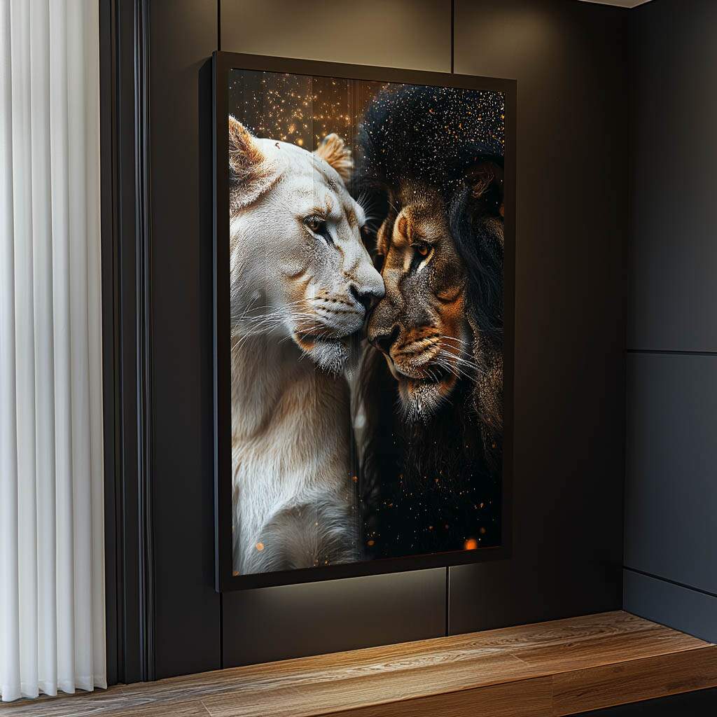 Quadros para decorar quarto de casal: leões em preto e branco representando força e harmonia