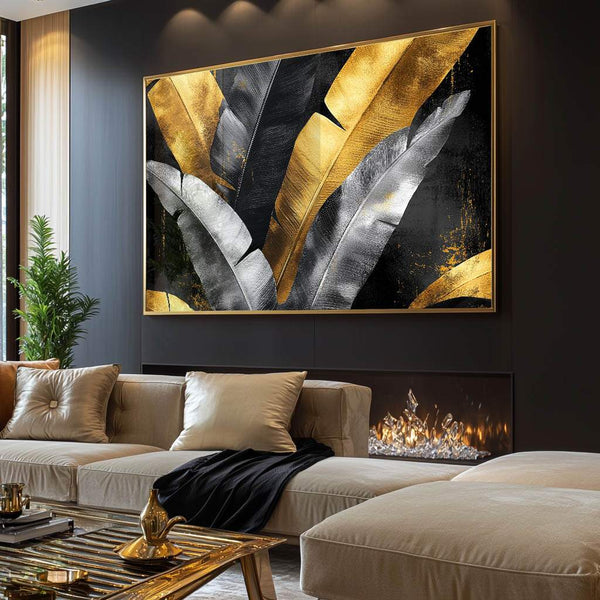 quadros decorativos para sala clean e moderna com folhas douradas sobre fundo preto