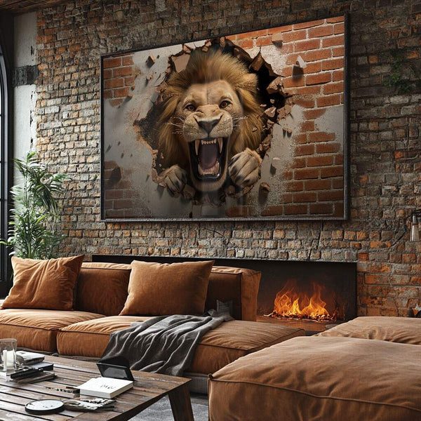 quadro decorativo leão preto e branco quebrando parede com efeito 3D