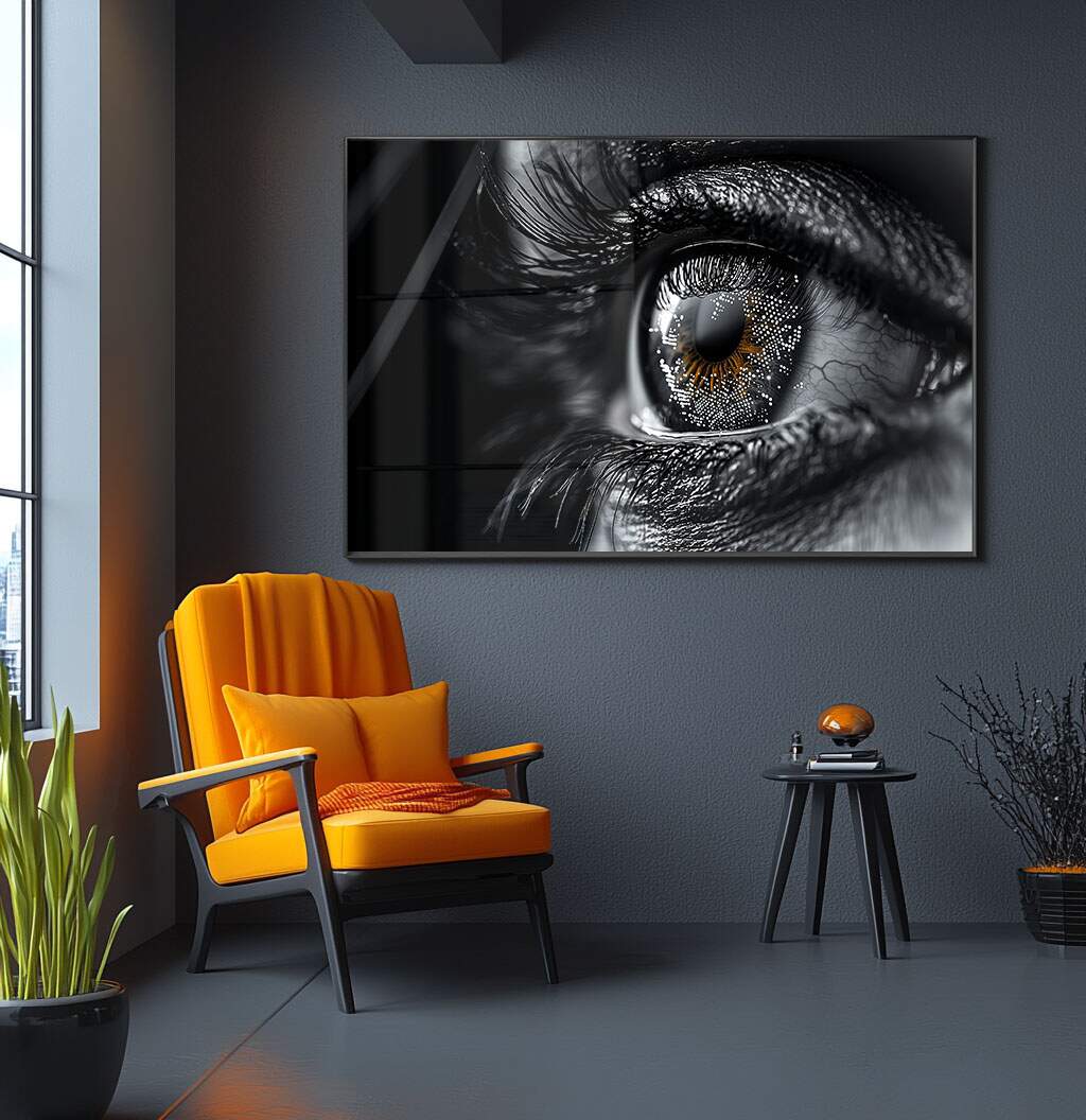 Quadro olho animal em preto, branco e dourado com detalhes refinados