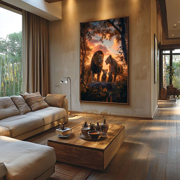 Quadro de parede paisagem com família de leões ao entardecer dourado em moldura elegante