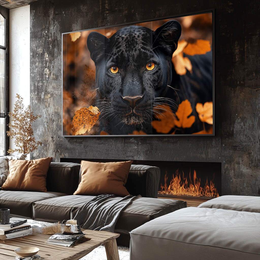 Quadro grande vertical A Grandeza da Pantera com olhos dourados demonstrando presença monumental