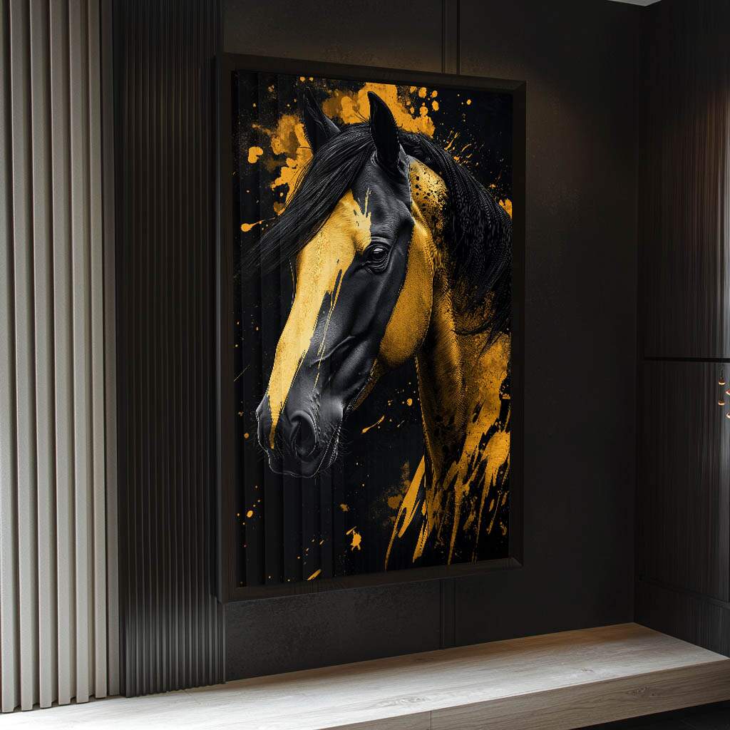 quadros decorativos para sala de estar com cavalo abstrato em tons amarelados