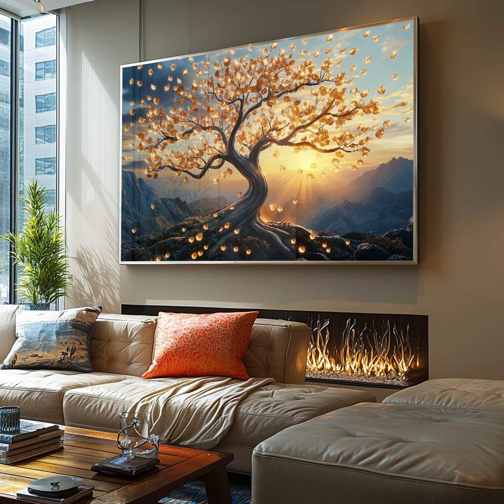 Novidade em quadros sobre quadro botânico com árvore dourada e pôr do sol