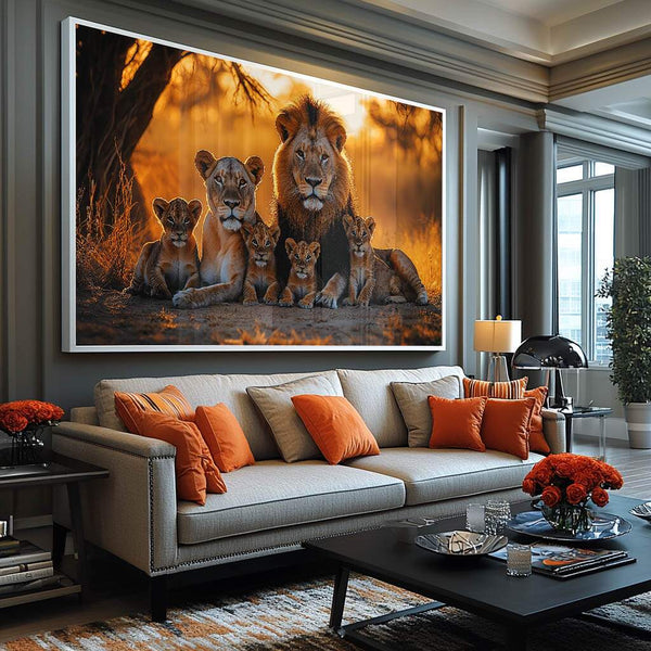 quadro decorativo majestosa família de leões para sala de estar com moldura personalizável