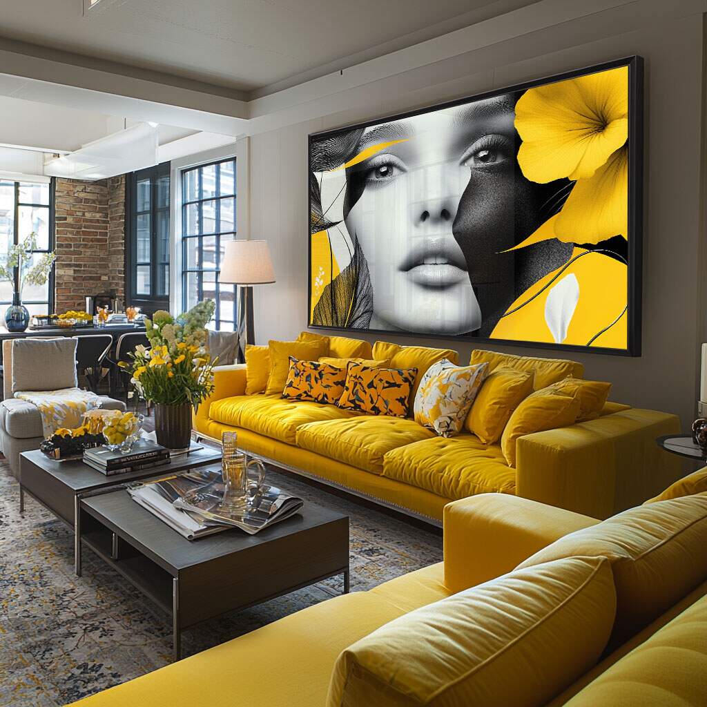 Quadros decorativos pequenos com mulher em pop art flores amarelas representando estilo e proporção visual