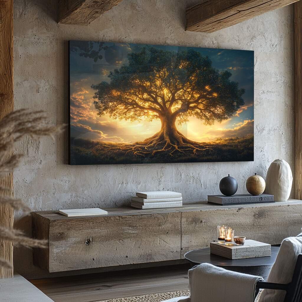 Quadro Gigante Decorativo Árvore da Vida sobre o Sol com moldura premium