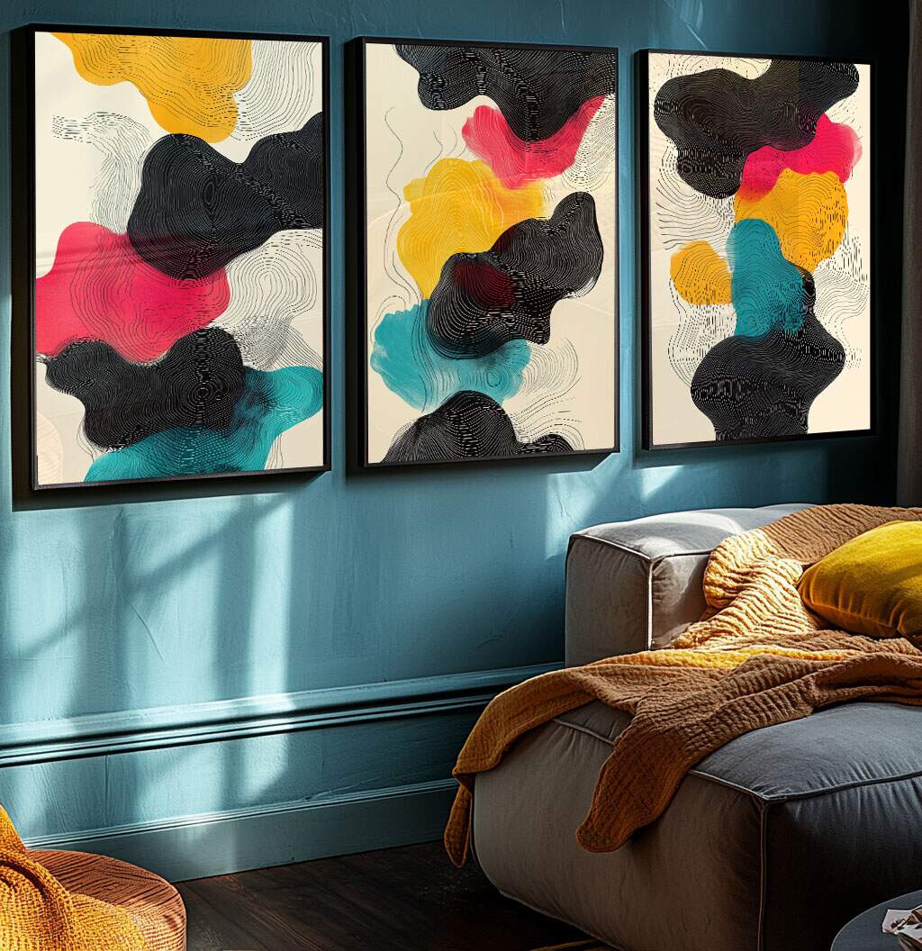 Quadro Decorativo Minimalista Moderno com abstrações em preto, branco e acentos coloridos para escritório
