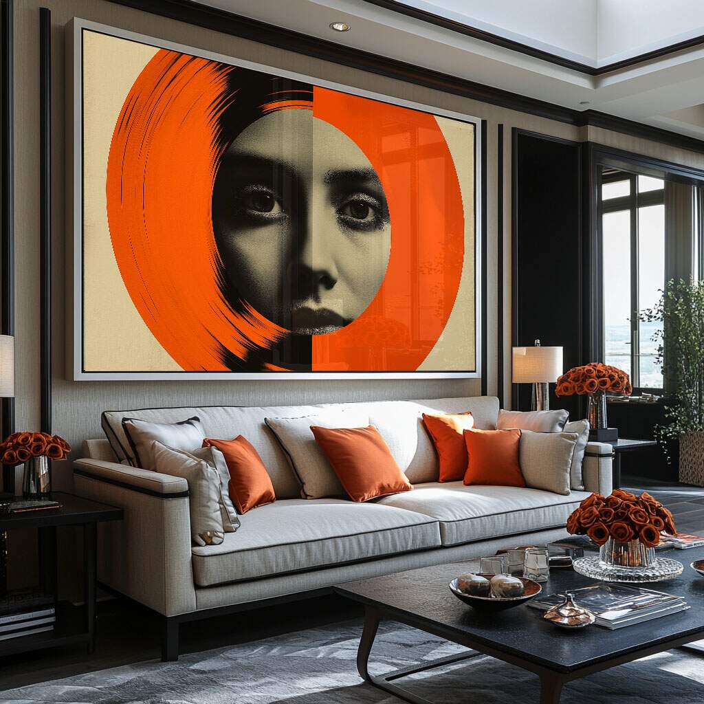 Quadro Preto e Branco Abstrato com Círculo Laranja em estilo geométrico minimalista