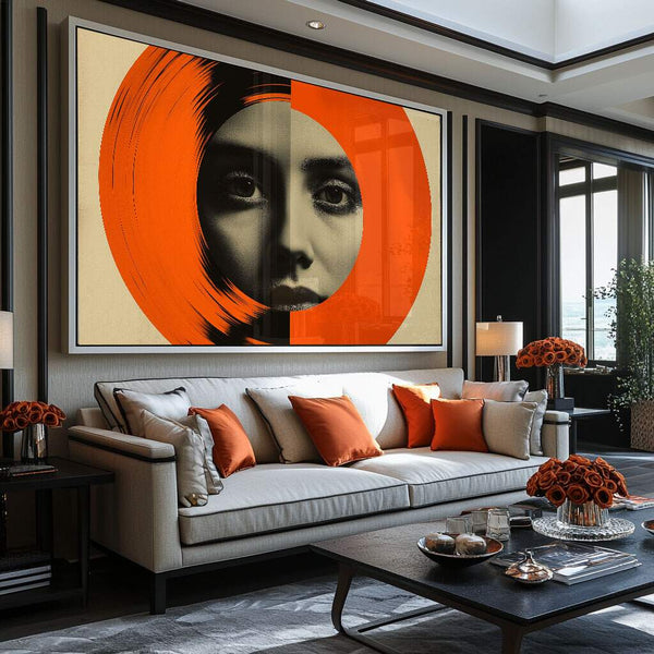 Quadros decorativos abstratos mulher com círculo laranja em composição geométrica contemporânea