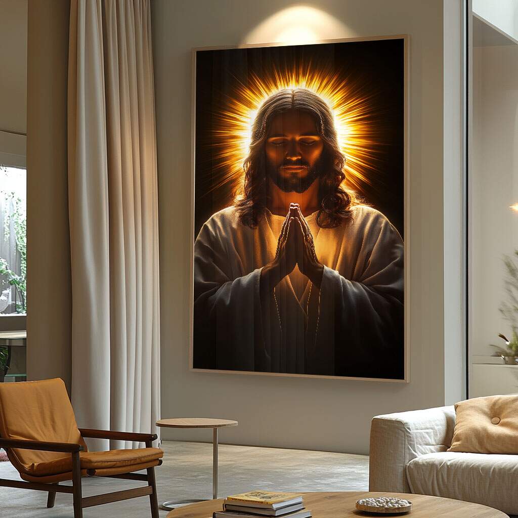 quadros decorativos para ambientes sacros com cena da oração de Cristo em luz dourada