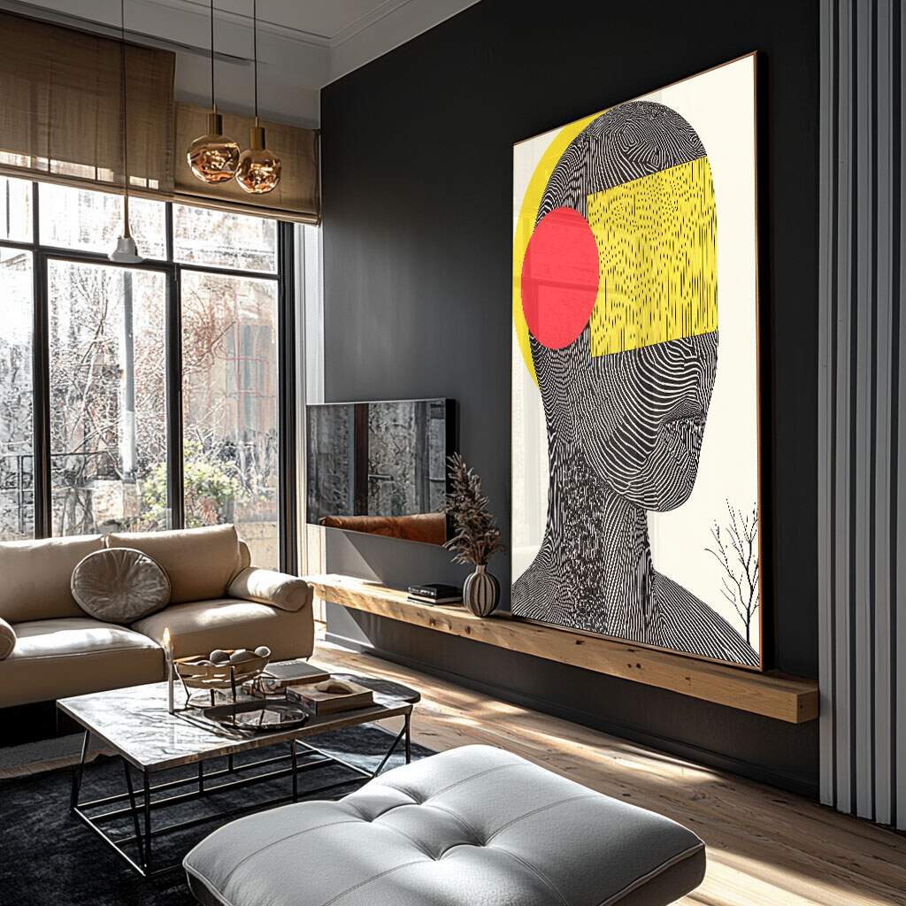 Decoração de quarto simples com quadro abstrato rosto em preto, amarelo e vermelho criando ponto focal elegante