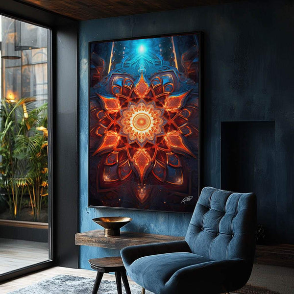 quadros decorativos de mandala para sala em canvas laranja e azul