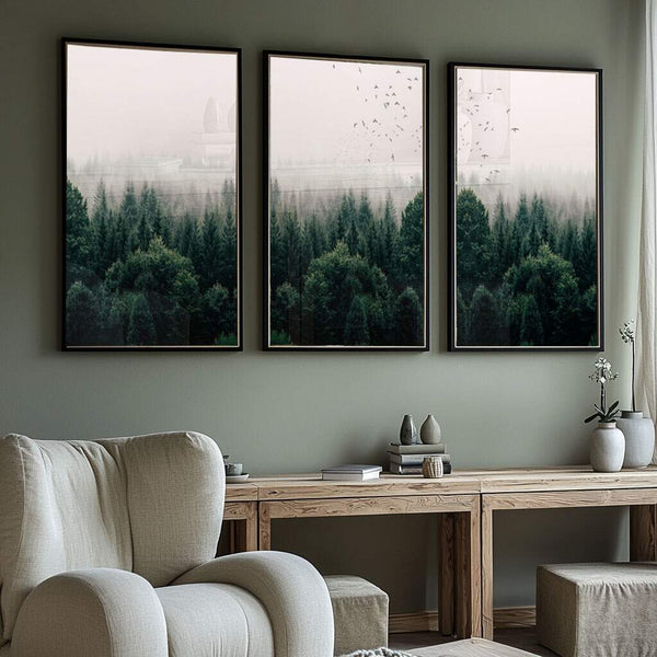 quadros decorativos para quarto de casal em tons naturais com pássaros silenciosos em floresta nebulosa
