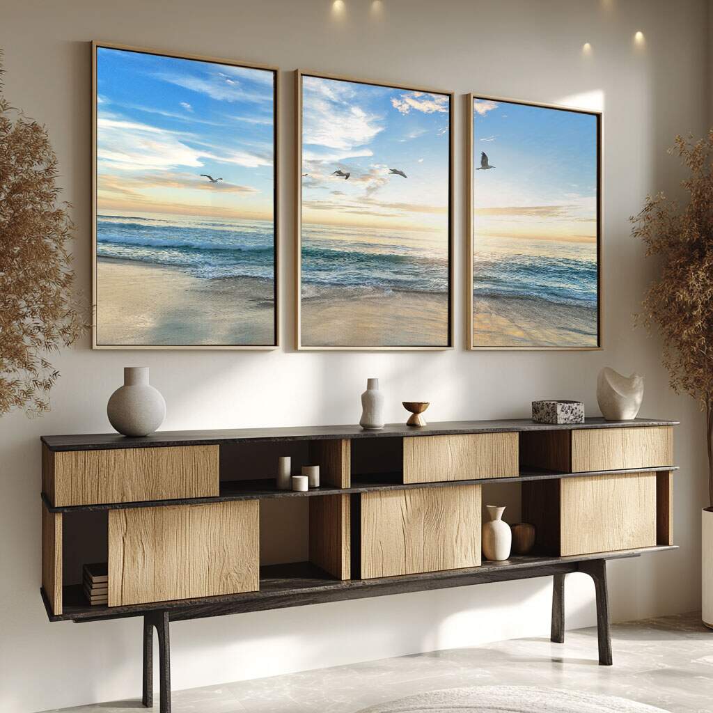 quadro decorativo clássico com paisagem de pôr do sol em canvas premium com moldura