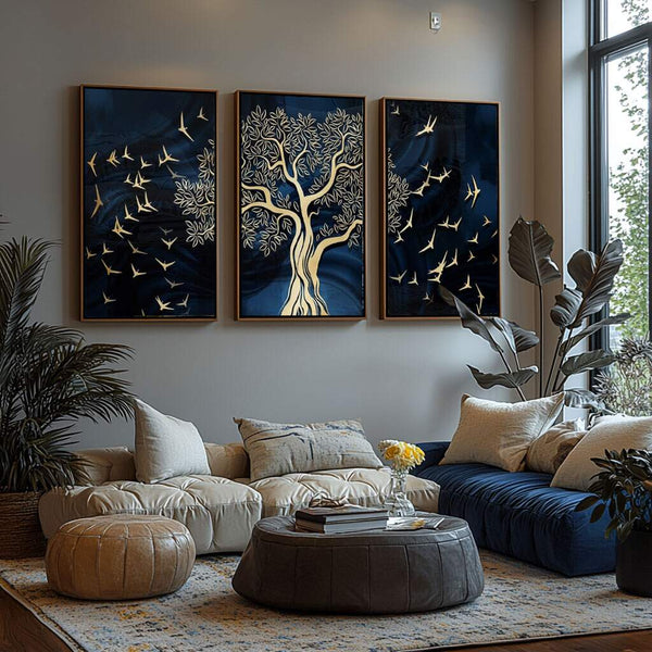 quadros decorativos para quarto com árvore dourada e passaros em tons azuis