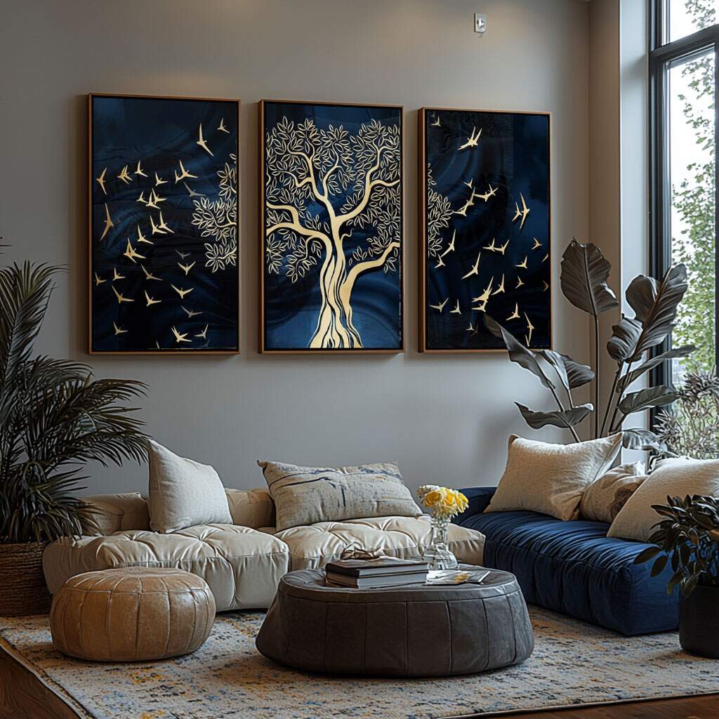 quadros decorativos para quarto de menino com arvore dourada e passaros em azul