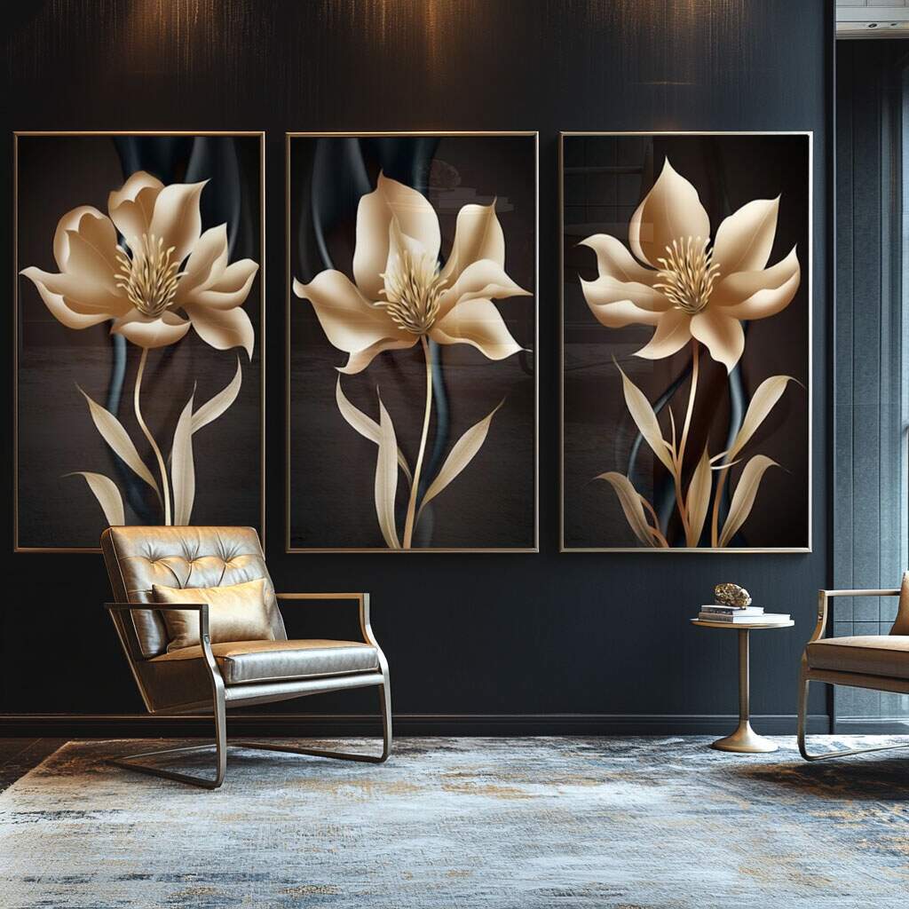 quadro decorativo flores bege e douradas em moldura dourada para decoração rosa e dourado