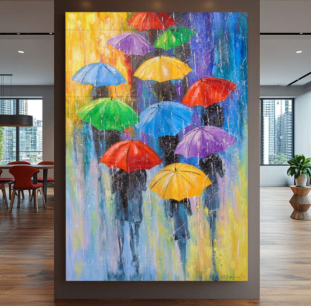 Quadro para o Dia das Mães: Dia Chuvoso Colorido com guarda-chuvas em tons vibrantes