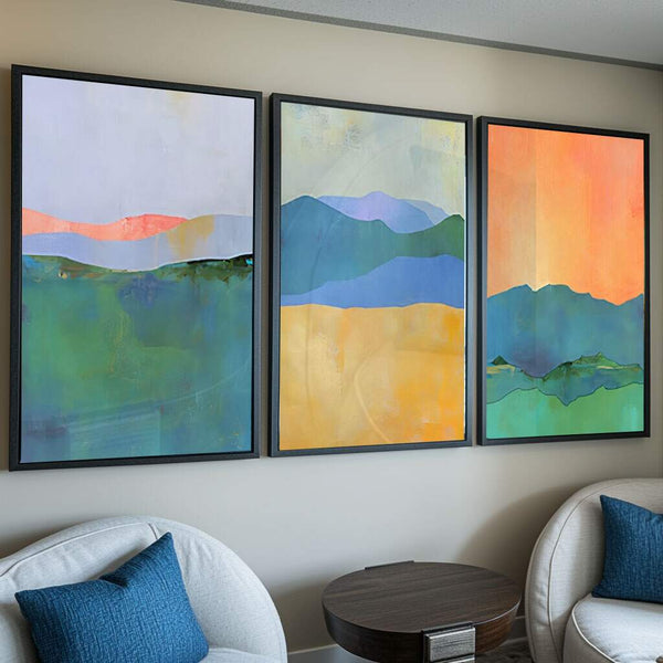 quadros decorativos para escritórios com design geométrico abstrato e paisagem minimalista