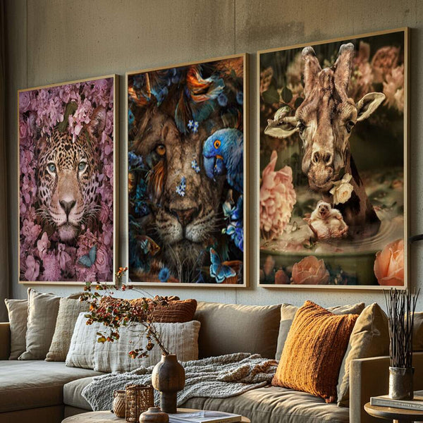 quadros decorativos para quartos de criança com personagens animais e flores em cores vibrantes