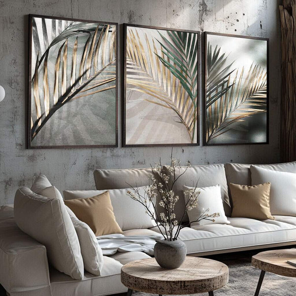 quadros decorativos para quarto em tons dourados e naturais com folhagem