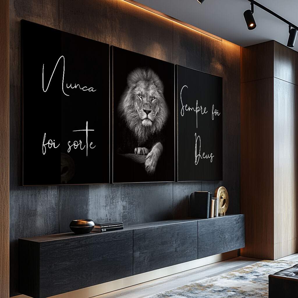 Quadro decorativo frases leões majestosos inspiração e força design premium